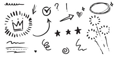 El çizimi kıvırcık salıncaklar, salıncaklar, salıncaklar. Soyut oklar, ok, kalp, aşk, yıldız, yaprak, güneş, ışık, taç, kral, kraliçe, konsept tasarım için karalama tarzı. vektör illüstrasyonu.