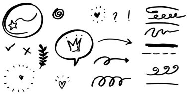 El çizimi kıvırcık salıncaklar, salıncaklar, salıncaklar. Soyut oklar, ok, kalp, aşk, yıldız, yaprak, güneş, ışık, taç, kral, kraliçe, konsept tasarım için karalama tarzı. vektör illüstrasyonu.