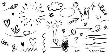 El çizimi kıvırcık salıncaklar, salıncaklar, salıncaklar. Soyut oklar, ok, kalp, aşk, yıldız, yaprak, güneş, ışık, taç, kral, kraliçe, konsept tasarım için karalama tarzı. vektör illüstrasyonu.