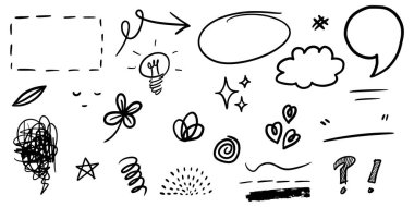 El çizimi kıvırcık salıncaklar, salıncaklar, salıncaklar. Soyut oklar, ok, kalp, aşk, yıldız, yaprak, güneş, ışık, taç, kral, kraliçe, konsept tasarım için karalama tarzı. vektör illüstrasyonu.