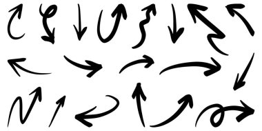 Beyaz arka planda izole edilmiş el çizilmiş oklar. iş bilgileri, afiş, web ve konsept tasarımları için. Vektör karalama tasarım elemanları.