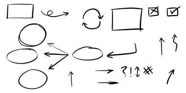 Çizgiler, oklar, daireler ve eğriler vektörü. El çizimi tasarım elementleri bilgi için beyaz arkaplanda izole edildi. vektör illüstrasyonu.