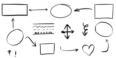 Çizgiler, oklar, daireler ve eğriler vektörü. El çizimi tasarım elementleri bilgi için beyaz arkaplanda izole edildi. vektör illüstrasyonu.