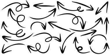 Beyaz arka planda izole edilmiş el çizilmiş oklar. iş bilgileri, afiş, web ve konsept tasarımları için. Vektör karalama tasarım elemanları.