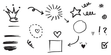 El çizimi kıvırcık salıncaklar, salıncaklar, salıncaklar. Soyut oklar, ok, kalp, aşk, yıldız, yaprak, güneş, ışık, taç, kral, kraliçe, konsept tasarım için karalama tarzı. vektör illüstrasyonu.