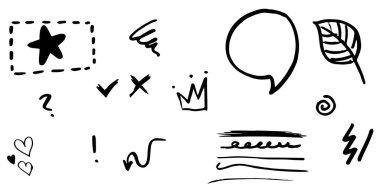 El çizimi kıvırcık salıncaklar, salıncaklar, salıncaklar. Soyut oklar, ok, kalp, aşk, yıldız, yaprak, güneş, ışık, taç, kral, kraliçe, konsept tasarım için karalama tarzı. vektör illüstrasyonu.