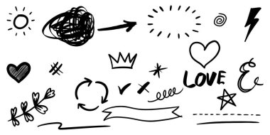 El çizimi kıvırcık salıncaklar, salıncaklar, salıncaklar. Soyut oklar, ok, kalp, aşk, yıldız, yaprak, güneş, ışık, taç, kral, kraliçe, konsept tasarım için karalama tarzı. vektör illüstrasyonu.