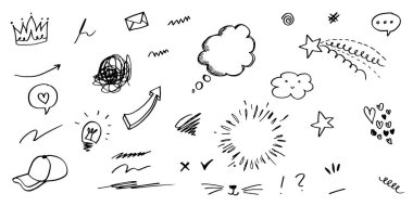 El çizimi kıvırcık salıncaklar, salıncaklar, salıncaklar. Soyut oklar, ok, kalp, aşk, yıldız, yaprak, güneş, ışık, taç, kral, kraliçe, konsept tasarım için karalama tarzı. vektör illüstrasyonu.