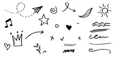 El çizimi kıvırcık salıncaklar, salıncaklar, salıncaklar. Soyut oklar, ok, kalp, aşk, yıldız, yaprak, güneş, ışık, taç, kral, kraliçe, konsept tasarım için karalama tarzı. vektör illüstrasyonu.