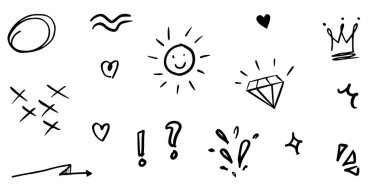 El çizimi kıvırcık salıncaklar, salıncaklar, salıncaklar. Soyut oklar, ok, kalp, aşk, yıldız, yaprak, güneş, ışık, taç, kral, kraliçe, konsept tasarım için karalama tarzı. vektör illüstrasyonu.