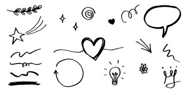 El çizimi kıvırcık salıncaklar, salıncaklar, salıncaklar. Soyut oklar, ok, kalp, aşk, yıldız, yaprak, güneş, ışık, taç, kral, kraliçe, konsept tasarım için karalama tarzı. vektör illüstrasyonu.