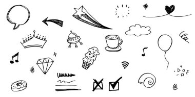 El çizimi kıvırcık salıncaklar, salıncaklar, salıncaklar. Soyut oklar, ok, kalp, aşk, yıldız, yaprak, güneş, ışık, taç, kral, kraliçe, konsept tasarım için karalama tarzı. vektör illüstrasyonu.