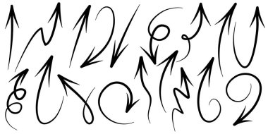 Beyaz arka planda izole edilmiş el çizilmiş oklar. iş bilgileri, afiş, web ve konsept tasarımları için. Vektör karalama tasarım elemanları.