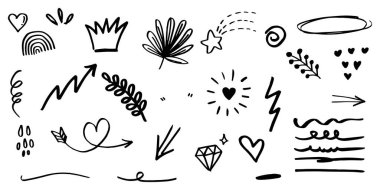 El çizimi kıvırcık salıncaklar, salıncaklar, salıncaklar. Soyut oklar, ok, kalp, aşk, yıldız, yaprak, güneş, ışık, taç, kral, kraliçe, konsept tasarım için karalama tarzı. vektör illüstrasyonu.