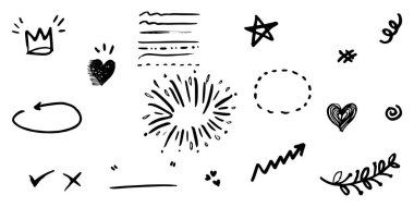 El çizimi kıvırcık salıncaklar, salıncaklar, salıncaklar. Soyut oklar, ok, kalp, aşk, yıldız, yaprak, güneş, ışık, taç, kral, kraliçe, konsept tasarım için karalama tarzı. vektör illüstrasyonu.