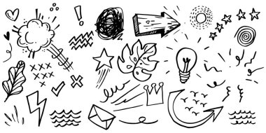 El çizimi kıvırcık salıncaklar, salıncaklar, salıncaklar. Soyut oklar, ok, kalp, aşk, yıldız, yaprak, güneş, ışık, taç, kral, kraliçe, konsept tasarım için karalama tarzı. vektör illüstrasyonu.