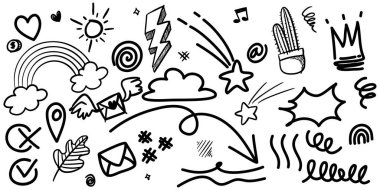 El çizimi kıvırcık salıncaklar, salıncaklar, salıncaklar. Soyut oklar, ok, kalp, aşk, yıldız, yaprak, güneş, ışık, taç, kral, kraliçe, konsept tasarım için karalama tarzı. vektör illüstrasyonu.