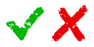 Doğru ve yanlış ikonu. Yeşil işaretli el ve Kızıl haç beyaz arka planda izole edildi. Vektör illüstrasyonu.