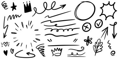 El çizimi kıvırcık salıncaklar, salıncaklar, salıncaklar. Soyut oklar, ok, kalp, aşk, yıldız, yaprak, güneş, ışık, taç, kral, kraliçe, konsept tasarım için karalama tarzı. vektör illüstrasyonu.