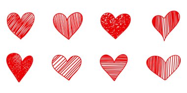 Beyaz arka planda izole edilmiş karalama kalpler. Simge aşkının el çizimi. Vektör illüstrasyonu.