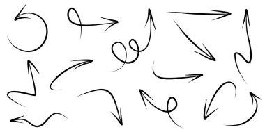 Beyaz arka planda izole edilmiş el çizilmiş oklar. iş bilgileri, afiş, web ve konsept tasarımları için. Vektör karalama tasarım elemanları.