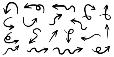 Beyaz arka planda izole edilmiş el çizilmiş oklar. iş bilgileri, afiş, web ve konsept tasarımları için. Vektör karalama tasarım elemanları.