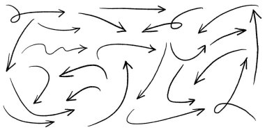 Beyaz arka planda izole edilmiş el çizilmiş oklar. iş bilgileri, afiş, web ve konsept tasarımları için. Vektör karalama tasarım elemanları.