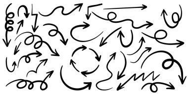 Beyaz arka planda izole edilmiş el çizilmiş oklar. iş bilgileri, afiş, web ve konsept tasarımları için. Vektör karalama tasarım elemanları.