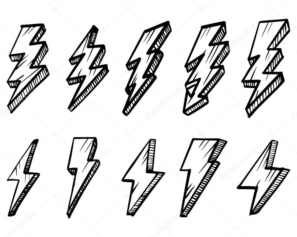 set of hand drawn electric lightning bolt symbol sketch illustrations. thunder symbol doodle icon .design element isolated on white background. vector illustration.
