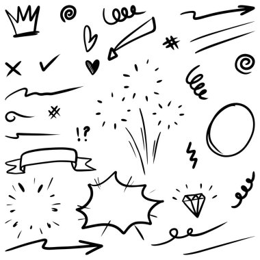 Beyaz arka planda izole edilmiş konsept tasarım için el çizimi karalama elementleri. vektör illüstrasyonu.