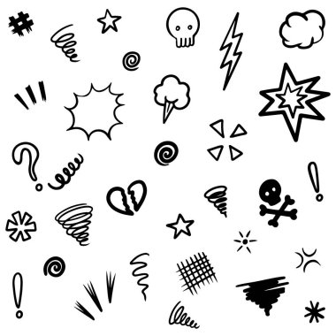 El çizimi karalama beyaz arka planda izole edilmiş küfürler. kavram tasarımı için elementleri ayarla. vektör illüstrasyonu.