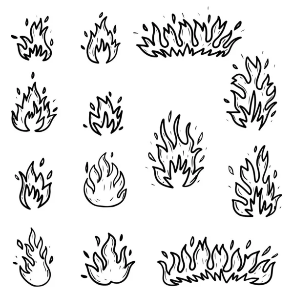 Set Hand Drawn Fire Fireball Isolated White Background Doodle Vector — Stock Vector
