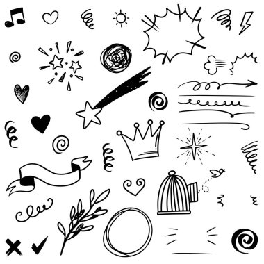 Beyaz arka planda izole edilmiş konsept tasarım için el çizimi karalama elementleri. vektör illüstrasyonu.