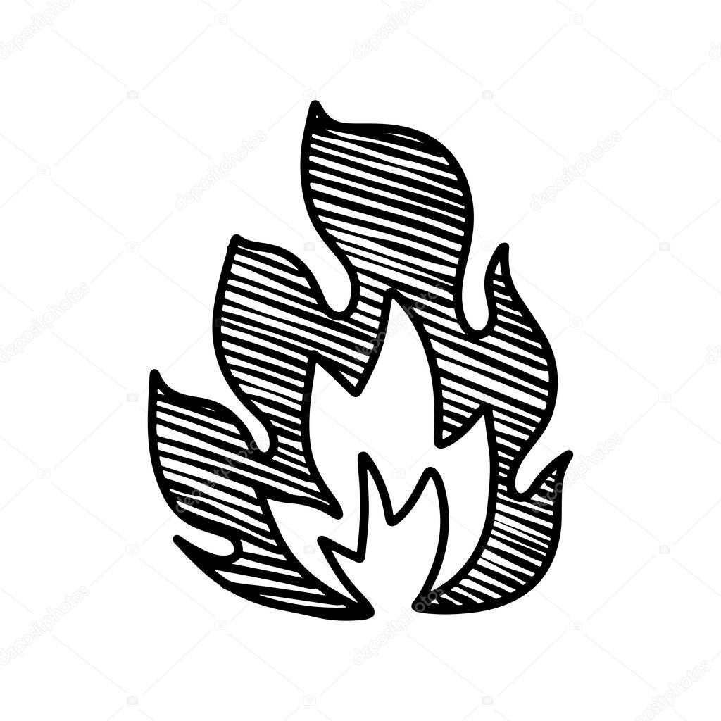 hand drawn fire isolated on white background .Doodle vector illustration.