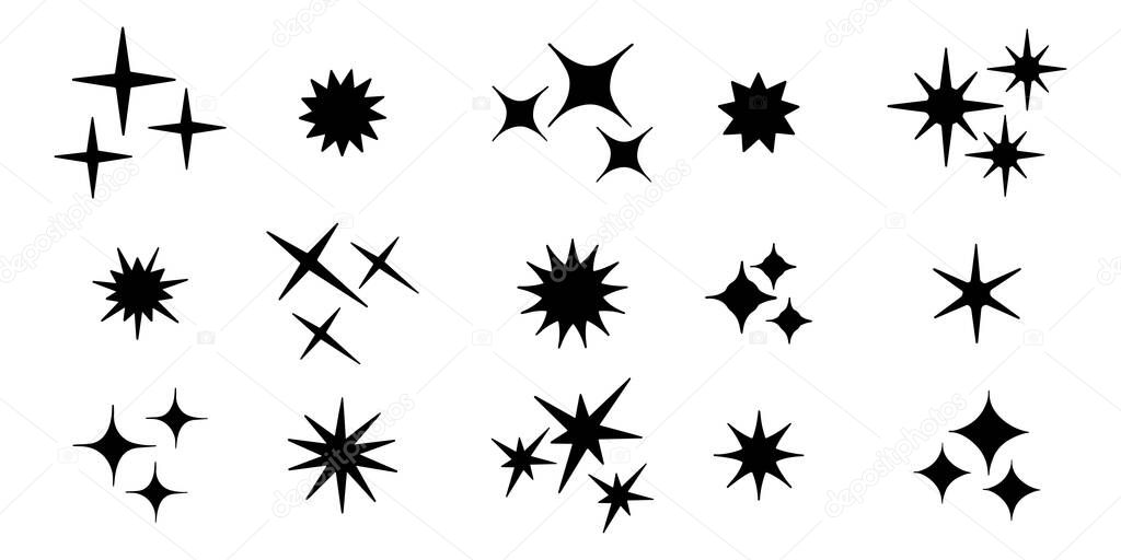 Set of hand drawn sparkles symbols isolated on white background. doodle vector illustration.