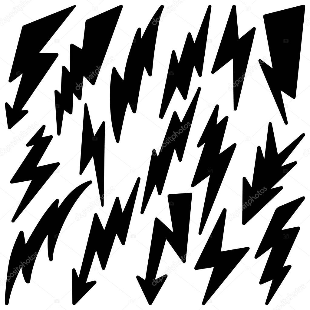 set of hand drawn vector doodle electric lightning bolt symbol sketch illustrations. vector illustration.