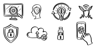 Siber Güvenlik ve Dijital Teknoloji El Çizimi Doodle Simgesi Ayarlandı.