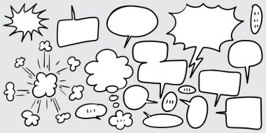 El çizimi komik konuşma baloncukları ve karalama elementleri gri arkaplanda.