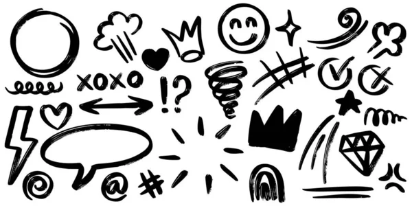 El Çizimi Siyah Kalem Karalamaları ve Graffiti Elementleri Beyaz Arkaplanda Ayarlandı