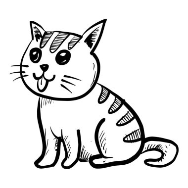 El çizimi şirin çizgili kedi oturuyor ve dilini dışarı çıkarıyor, karalama vektörü çizimi.