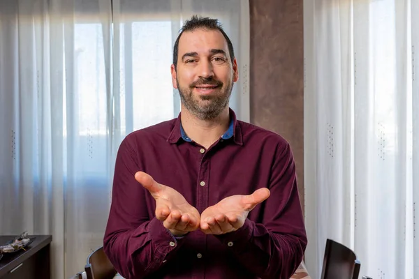 Young Handsome Bearded Man Wearing Maroon Shirt Smiling Palms Together — Fotografia de Stock