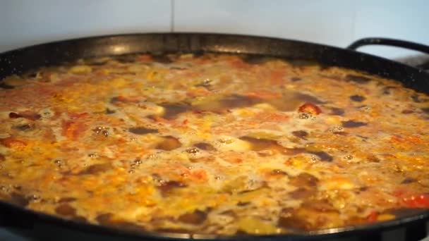 Paella Brühe Köchelt Sanft Kochkonzept — Stockvideo