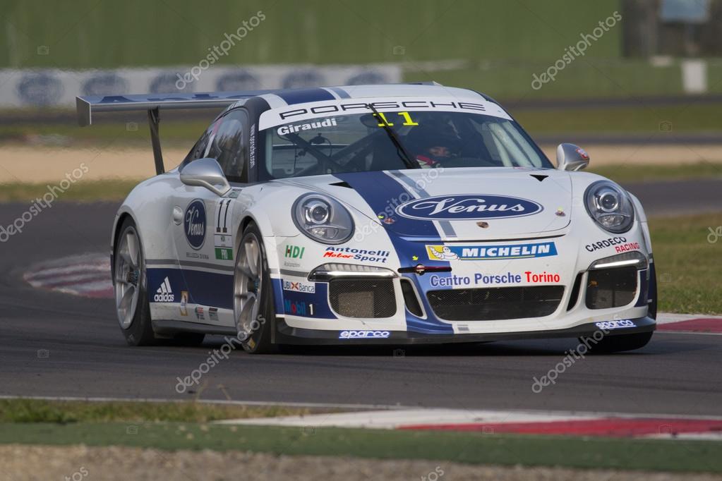 Imola, Italy - October 11, 2014: A Porsche 911 Gt3 Cup of Antonelli Motorsport team, driven By Giraudi Gianluca (Ita),  the Porsche Carrera Cup Italia car racing on October 11, 2014 in Imola, Italy.