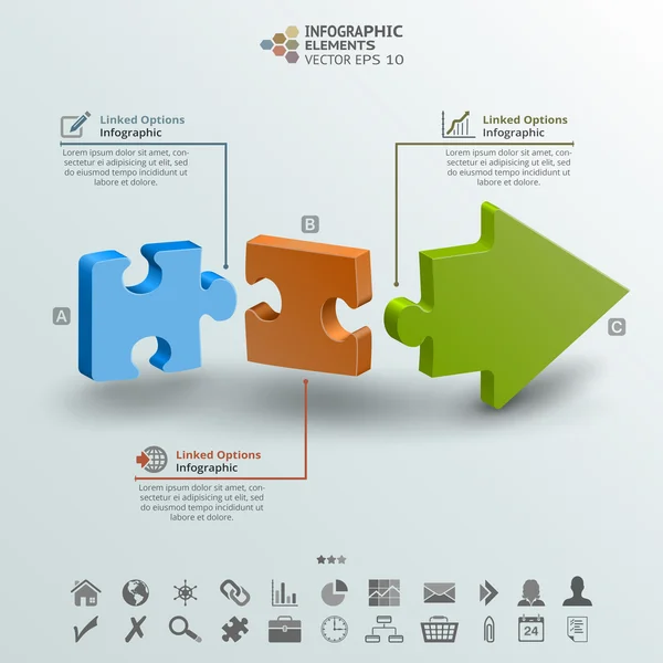 Flèche de trois morceaux de puzzle Infographie Arrière-plan — Image vectorielle