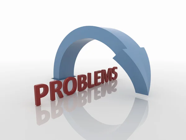 Curved Blue Arrow Symbol Over Problems, Solution Concept — Stock Photo, Image