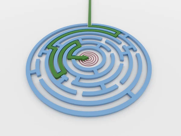 Maze Labyrinth 3D Render with Green Arrow to Target — Stock Photo, Image