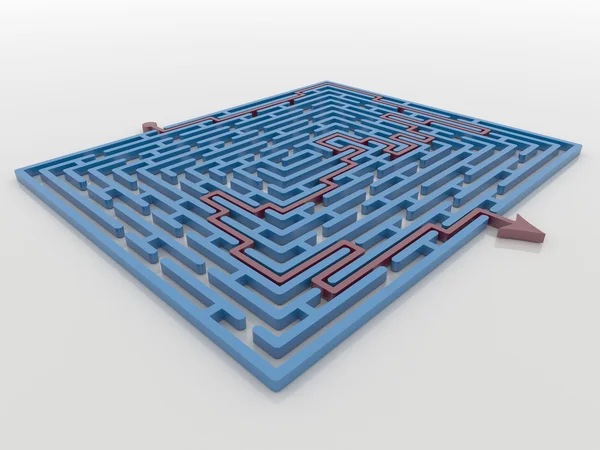 Caminho da seta vermelha através do labirinto azul Labirinto 3D Render, Solução Co — Fotografia de Stock