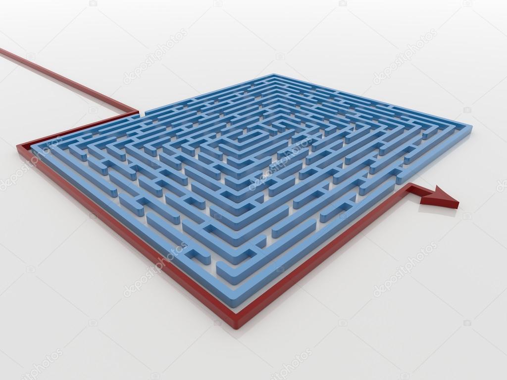 Red Arrow Path Around Blue Maze Labyrinth 3D Render, Solution Co