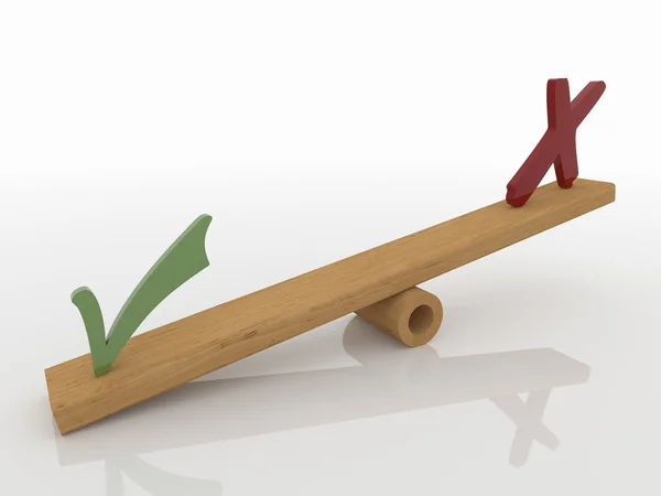 Check Marks Balancing on Seesaw, 3D Render — Stock Photo, Image