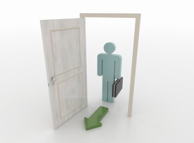 İşadamı ok sembolü, 3d Render ile bir açık kapı önünde